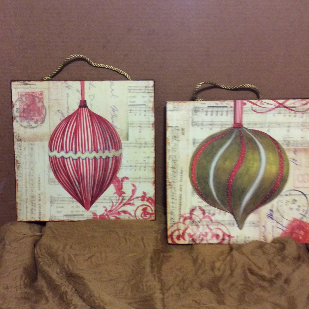 Two metal Christmas ornament wall art